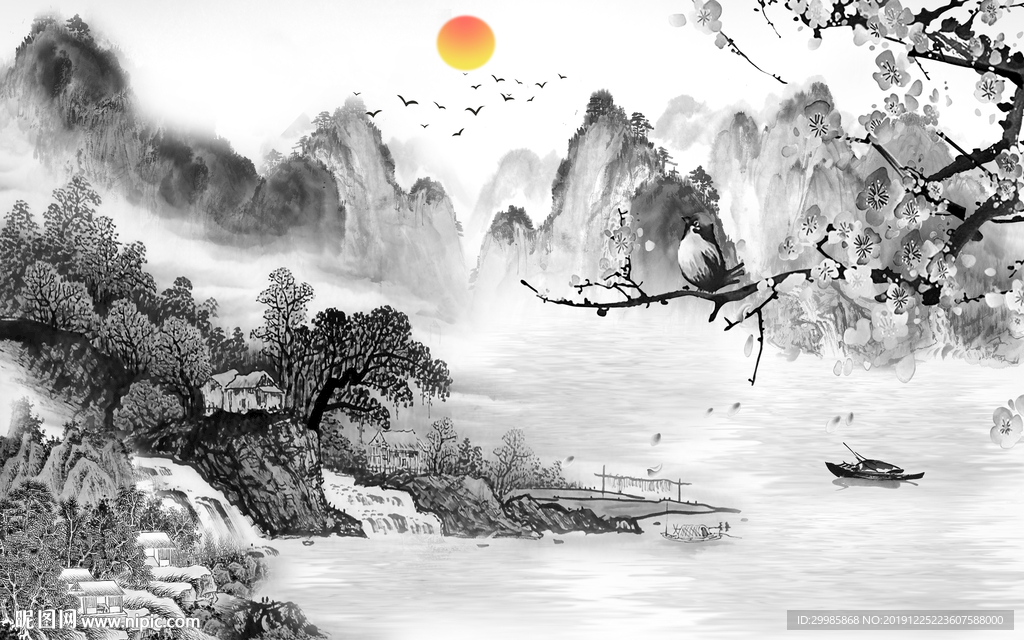 简约背景墙画山水 tif分层