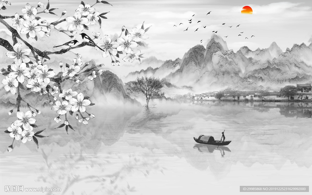中国风背景墙画山水 tif分层