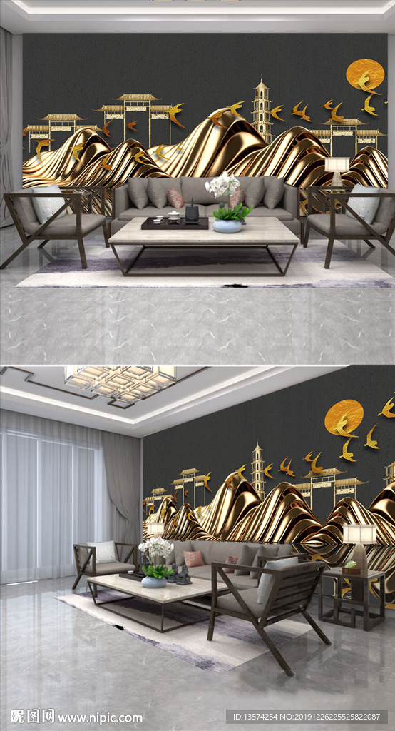 浮雕简约金色3D电视背景墙