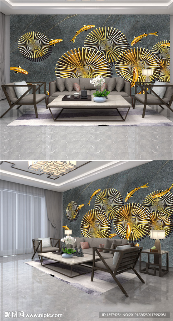 简约金色3D效果电视背景墙PS