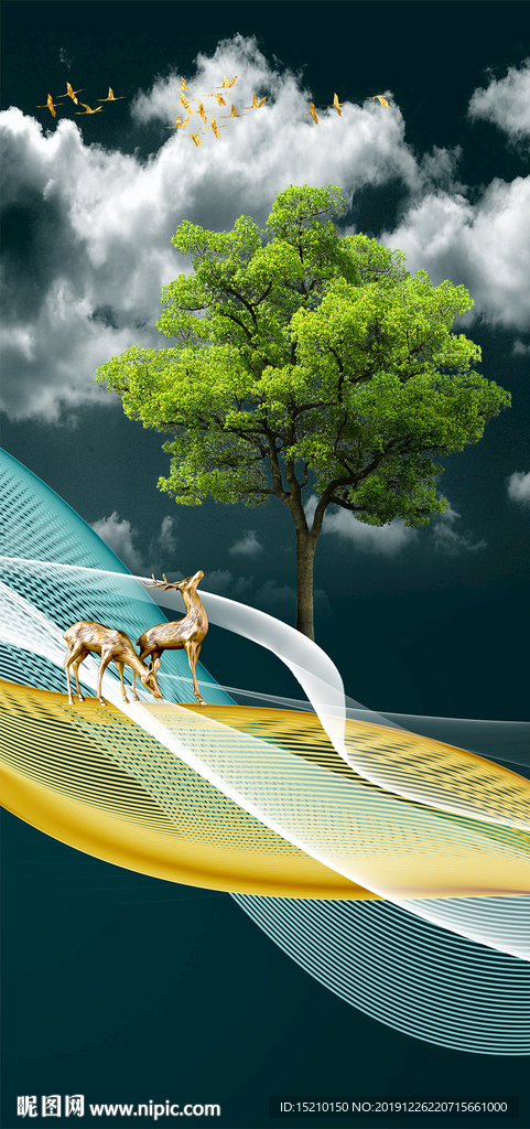 线条抽象树玄关背景墙