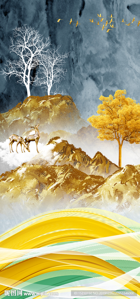 金色山水发财树玄关背景墙
