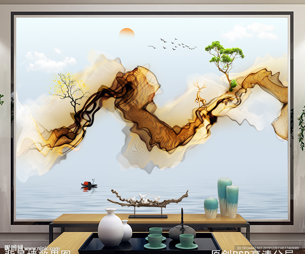 新中式意境山水背景墙设计图__室内设计_环境设计_设计图库_昵图网