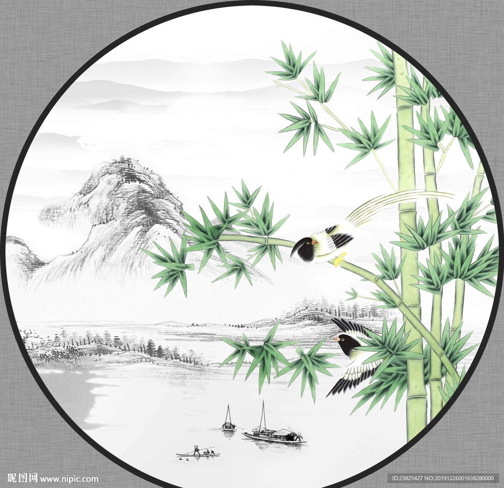 新中式玉竹山水花鸟圆形装饰画
