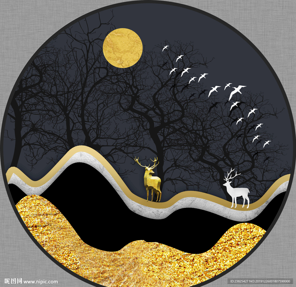 新中式金色山水麋鹿树木装饰画