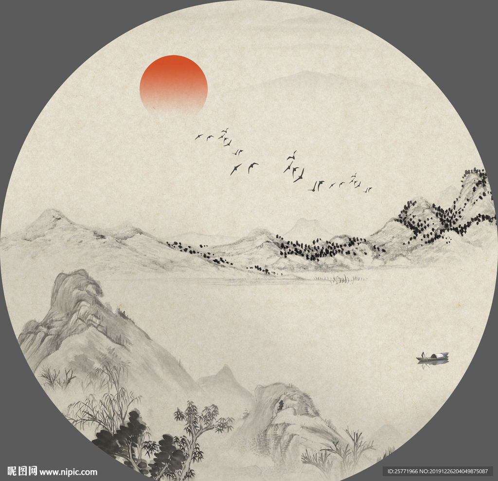 水墨山水画 圆形水墨山水
