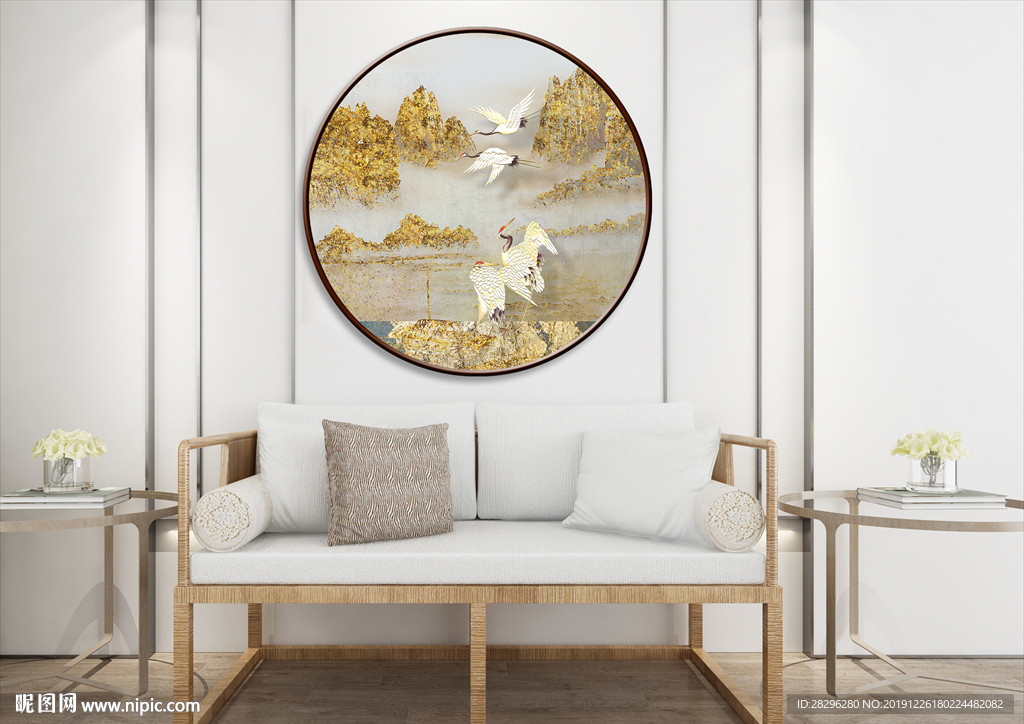 新中式金色山水圆形装饰画