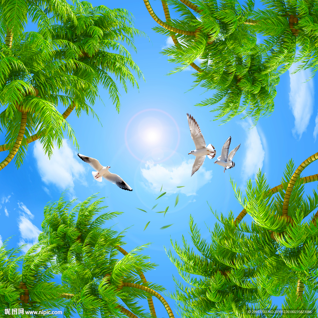 蓝天白云椰树海鸟阳光吊顶壁画图