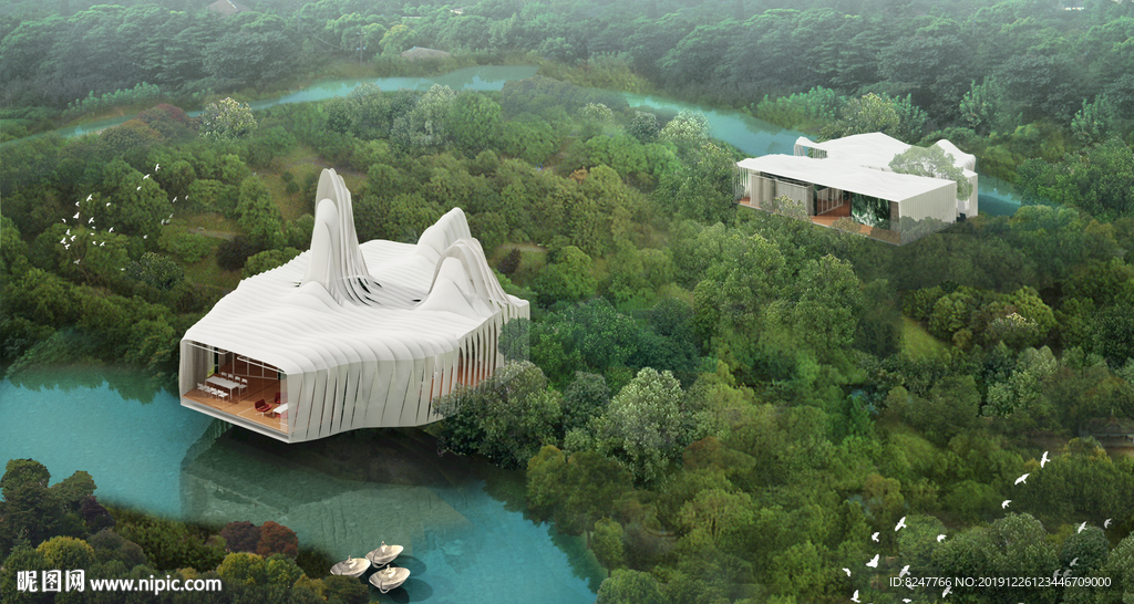 树林高档别墅鸟瞰建筑效果图