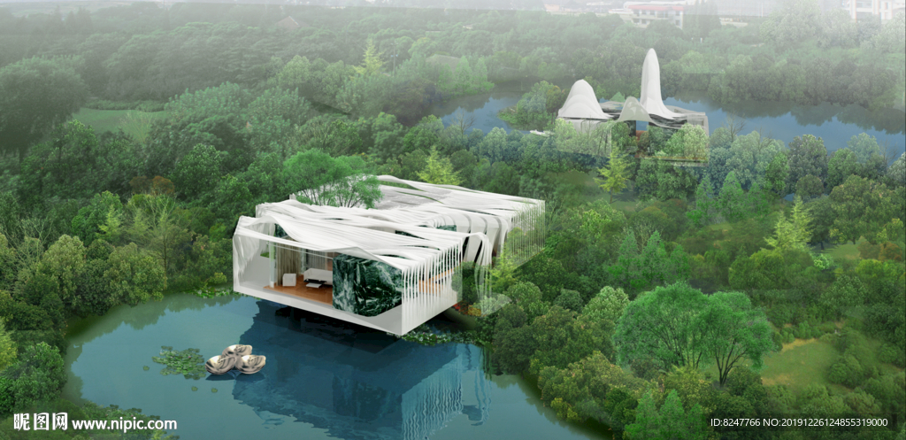 湿地别墅鸟瞰建筑效果图