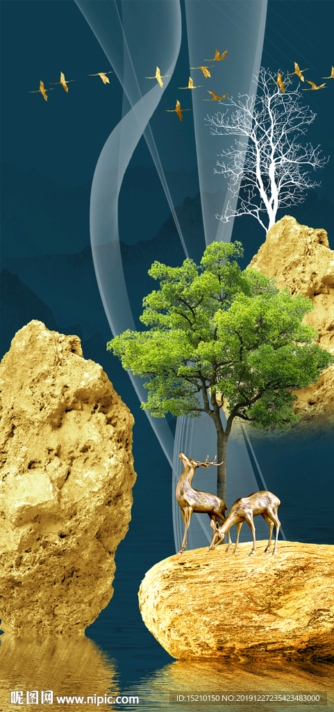 抽象树石头玄关背景墙.