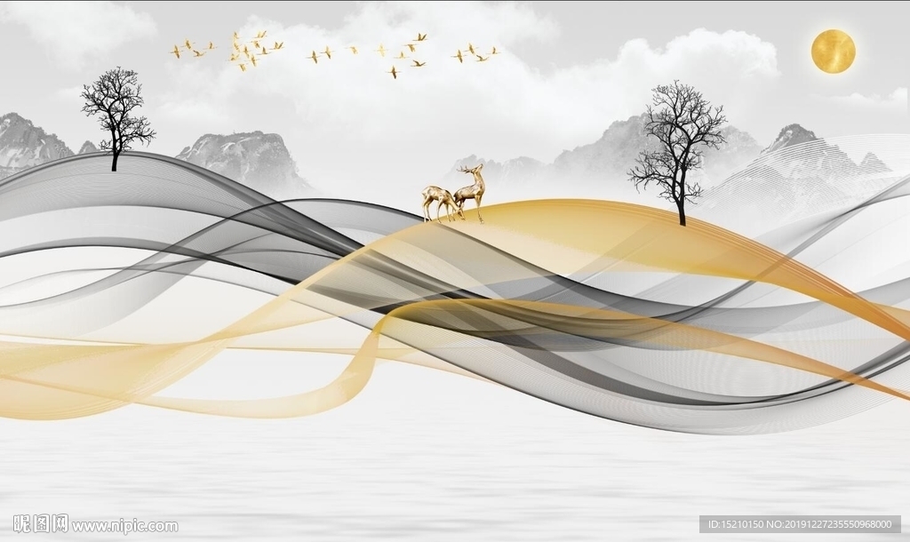 水墨山水抽象树电视背景墙