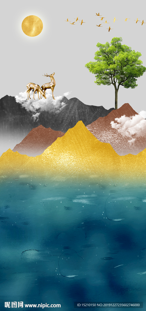 金色山水发财树玄关背景墙