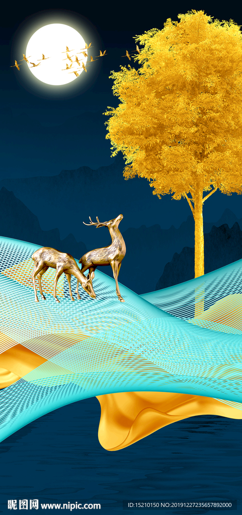 金色丝绸发财树玄关背景墙