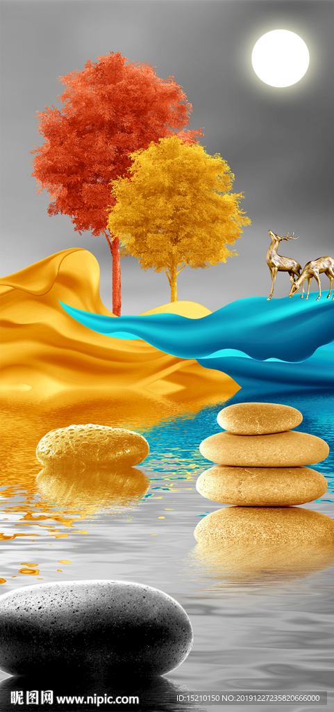 发财树鹅卵石玄关背景墙