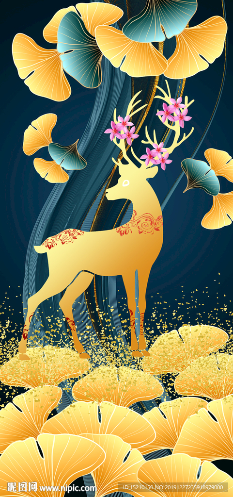 银杏树叶麋鹿玄关背景墙