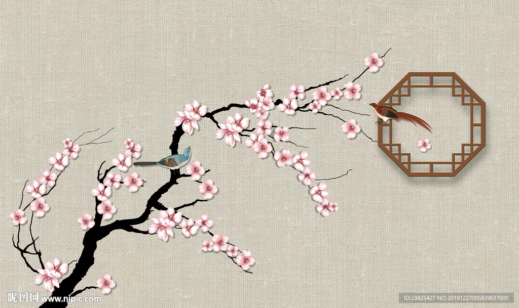 新中式手绘梅花工笔花鸟电视背景