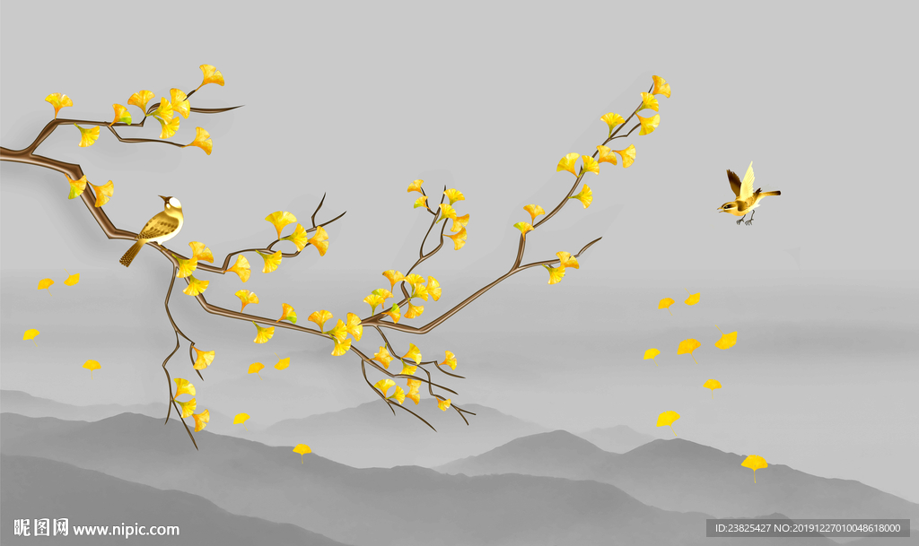 新中式手绘银杏树花鸟电视背景墙