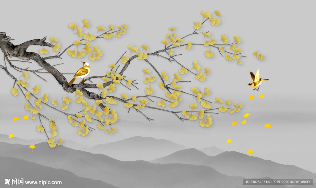 新中式工笔银杏树花鸟电视背景墙