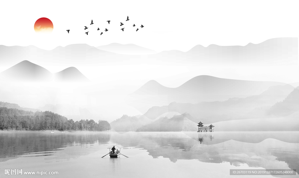 新款爆款山水画意境水墨画背景墙