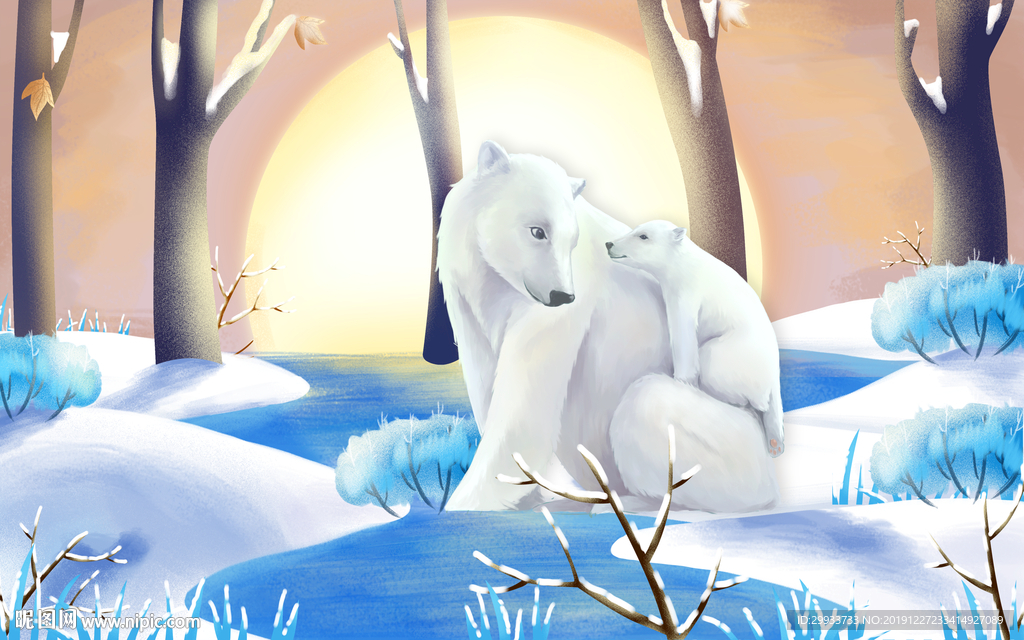 手绘雪地小白熊儿童房背景墙