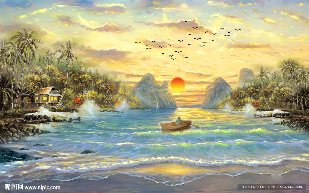 欧式日落海景油画背景墙