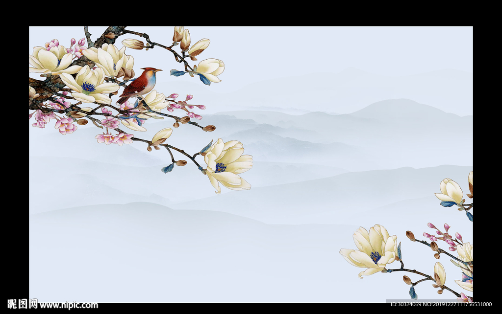 中国风工笔花背景墙