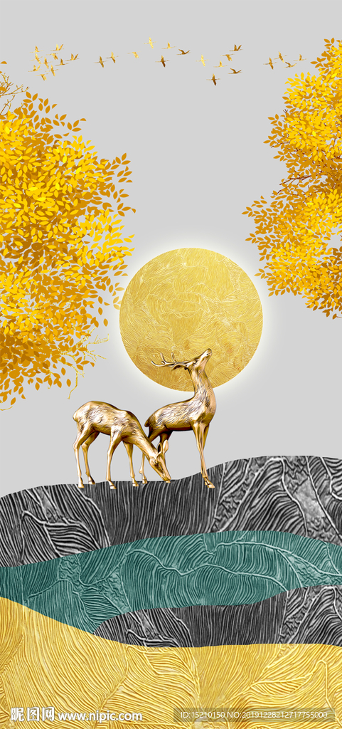 金色山水发财树玄关背景墙