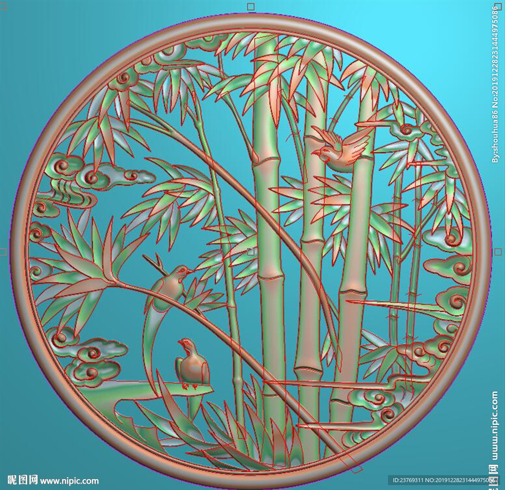 圆形镂空竹子鸟挂匾圆盘精雕图