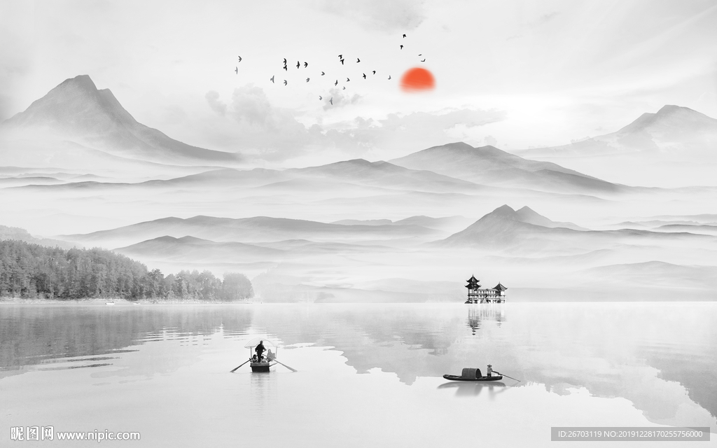 新款爆款山水画现代风格背景墙