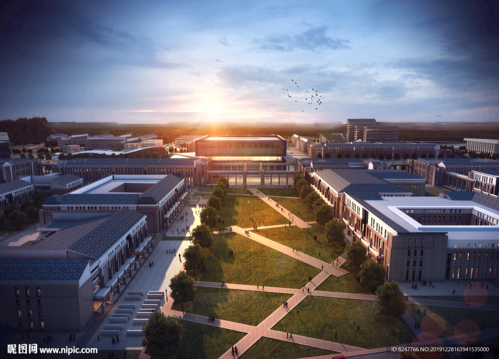 大学校园鸟瞰建筑效果图