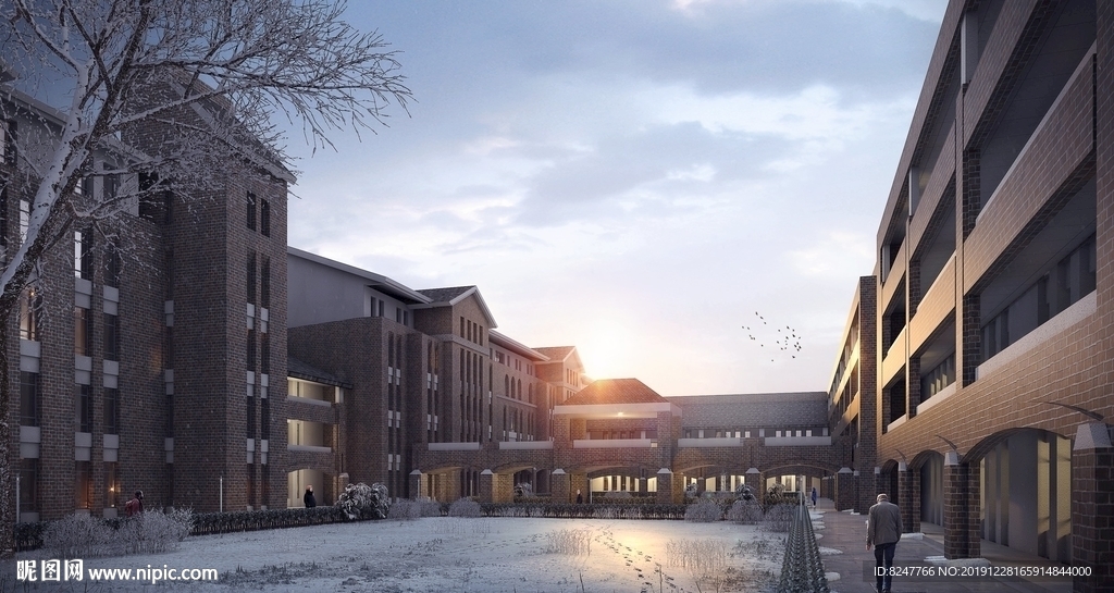 校园一角雪景建筑效果图