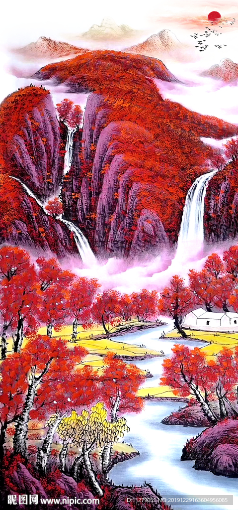 鸿运当头山水流水生财水墨画