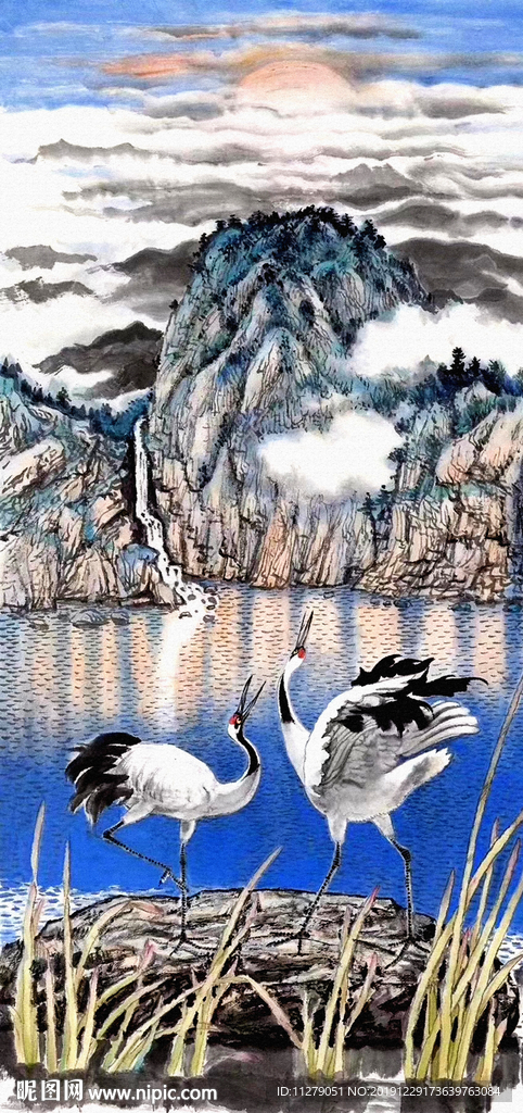 山水鸣鹤图仙鹤挂水墨画