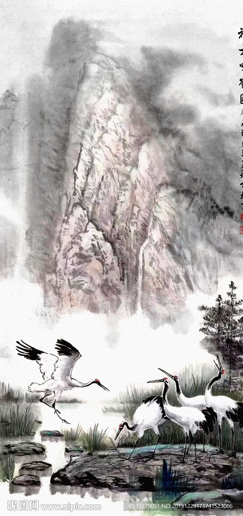 祥云鸣鹤山水画