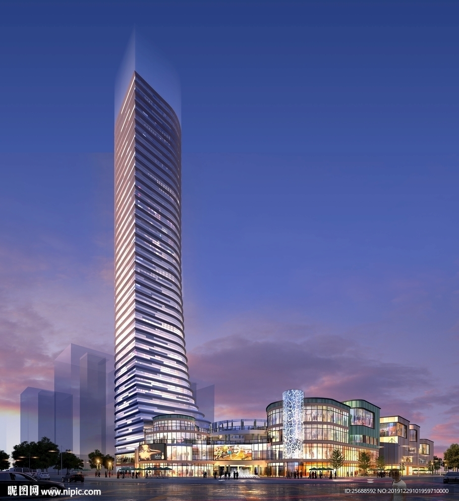 高层商业大厦夜景建筑效果图