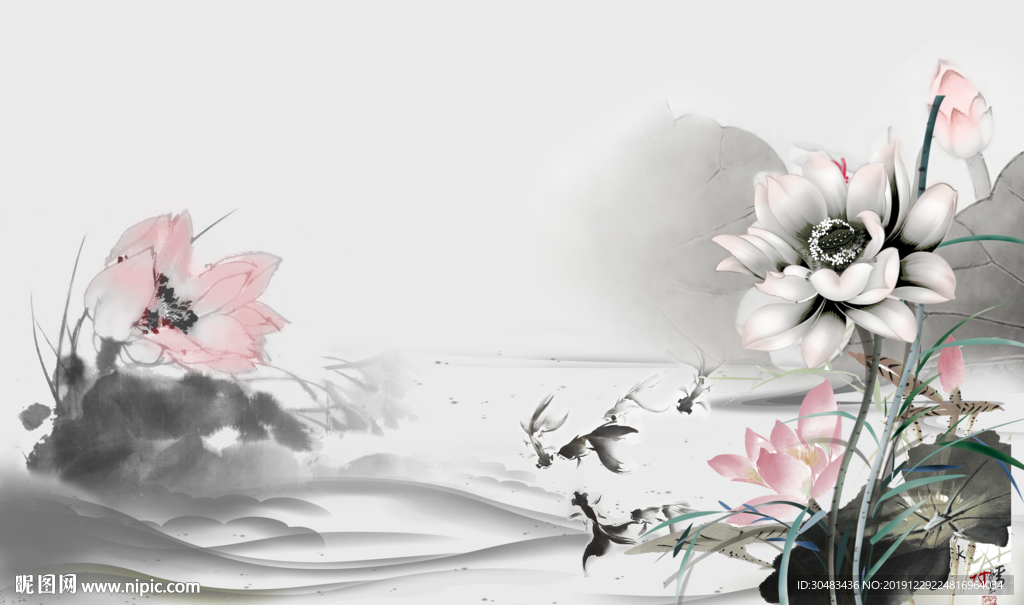 水墨荷花背景电视墙