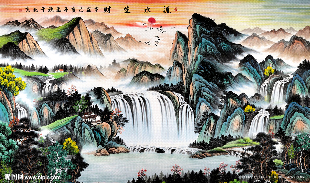 山水水墨画背景墙画