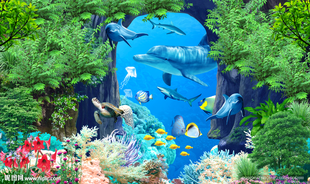 海底世界海豚电视背景墙