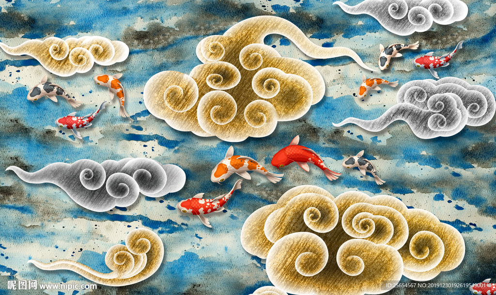 金色新中式云纹背景墙装饰画