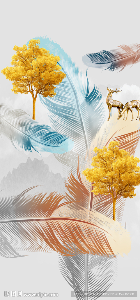 羽毛抽象树玄关背景墙