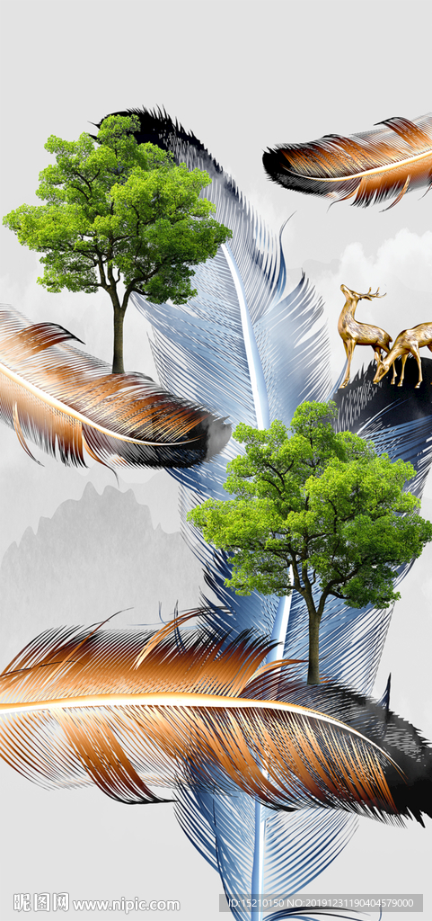 抽象树羽毛玄关背景墙