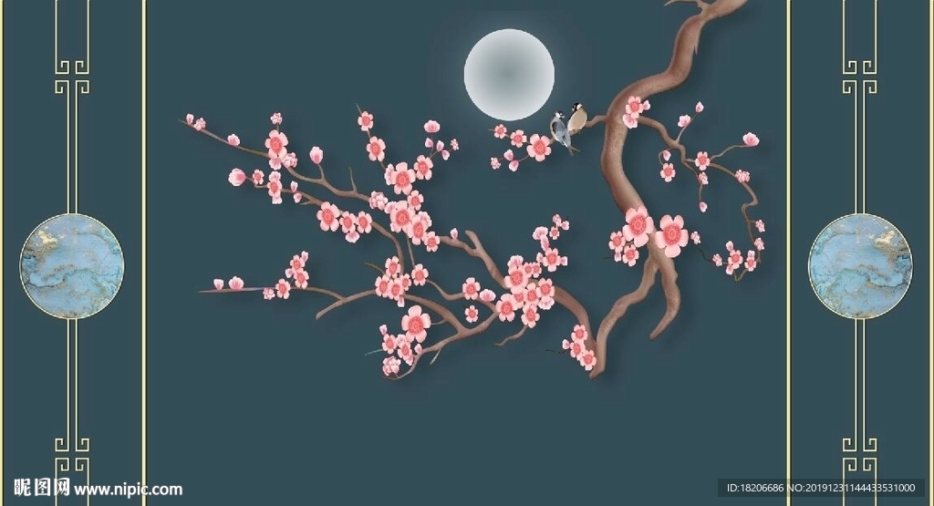 新中式手绘花鸟背景墙