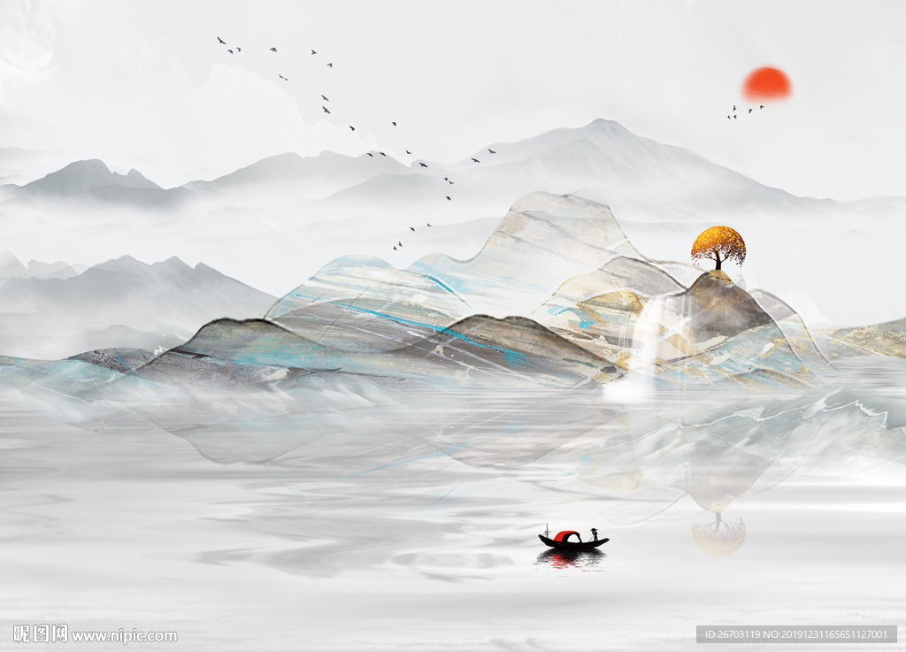 新款爆款意境山水画旭日东升背景