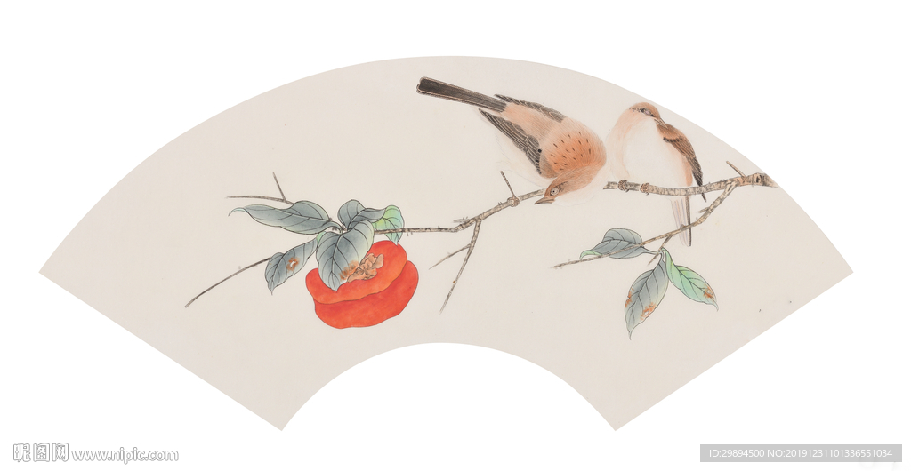 古典扇面花鸟柿子中式装饰画