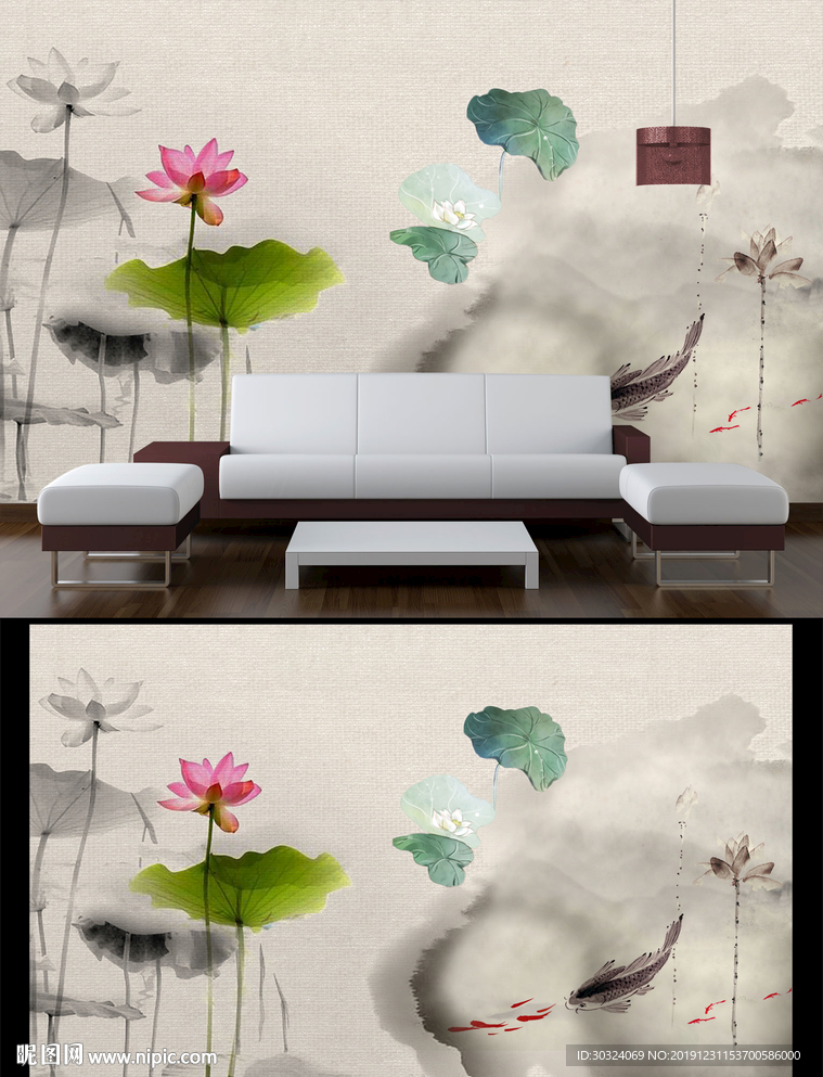 水墨荷花电视背景墙