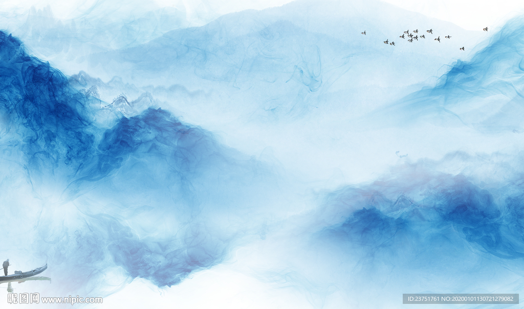 蓝色水墨山水