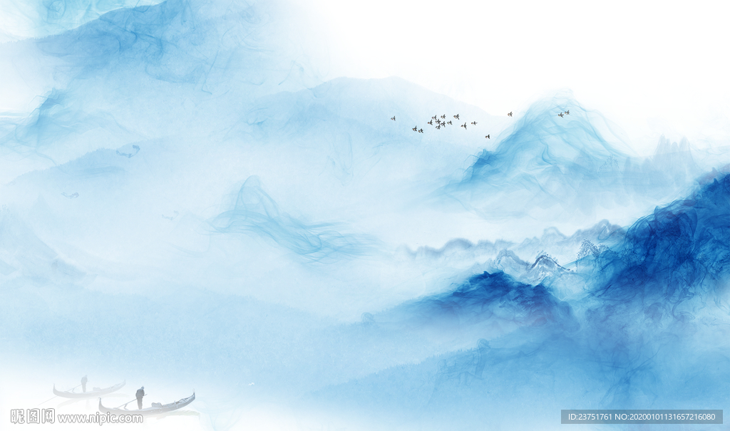蓝色水墨山水