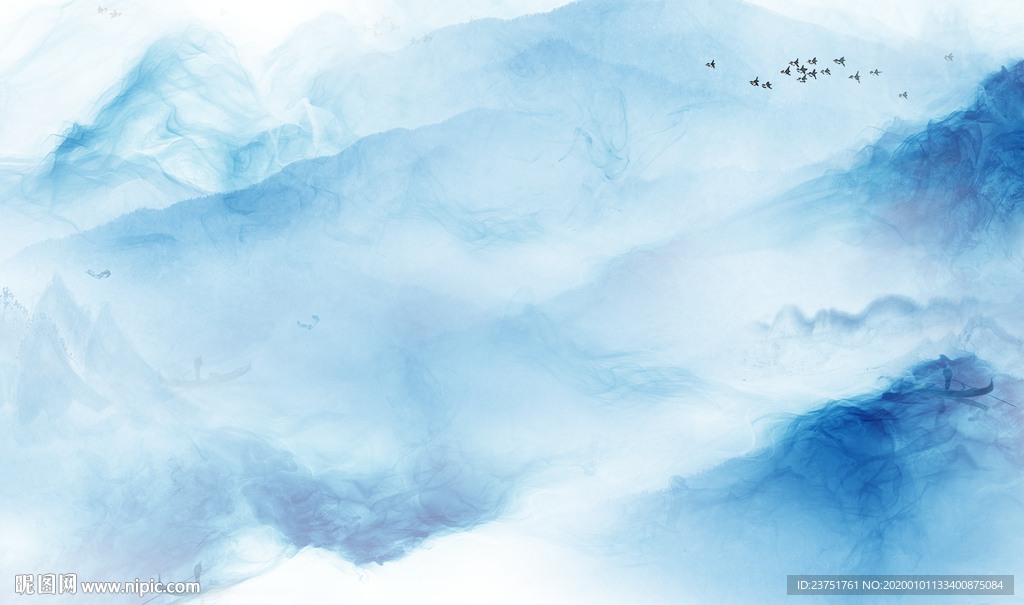蓝色水墨山水