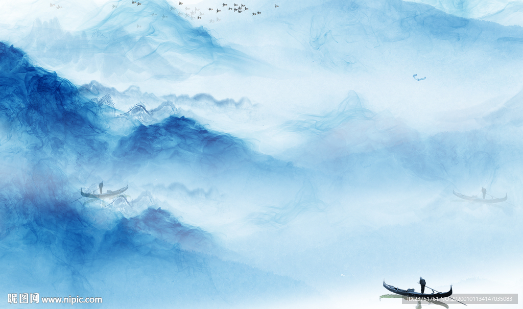 蓝色水墨山